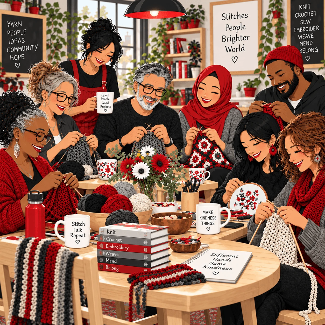Illustration of a diverse community enjoying knitting and conversation around a table