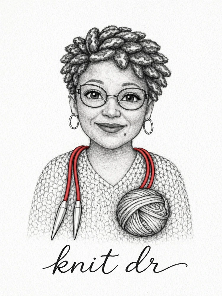 Knit Doctor drawing of Rachel with knitting needles as a stethoscope and a gray yarn ball