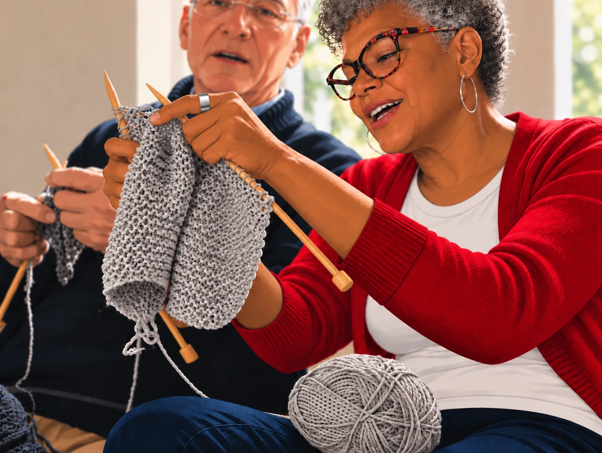 Rachel working with an older gentleman on his gray knitted project