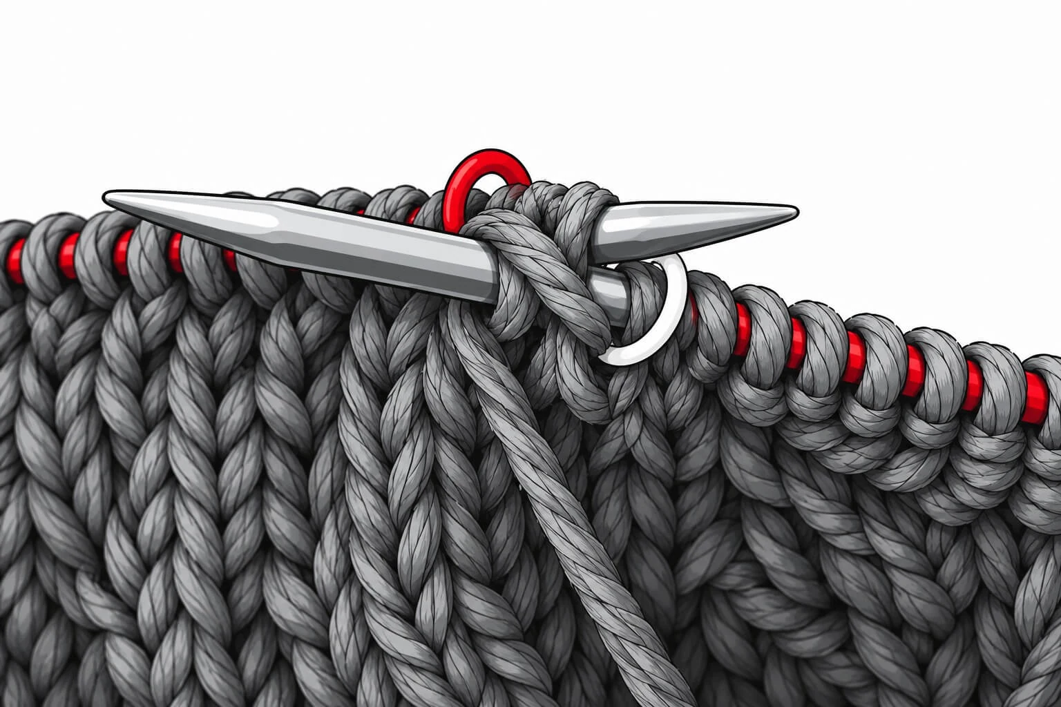 Close-up illustration of gray stitches with red accents